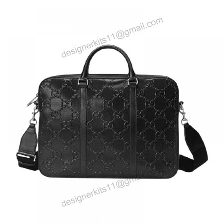 Gucci GG Embossed Briefcase Black Leather Cotton Linen Lining - GBC005