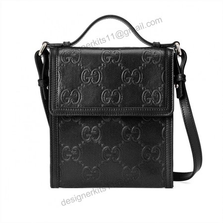 GG EMBOSSED MESSENGER BAG BLACK GG EMBOSSED LEATHER COTTON LINEN LINING - GBC07