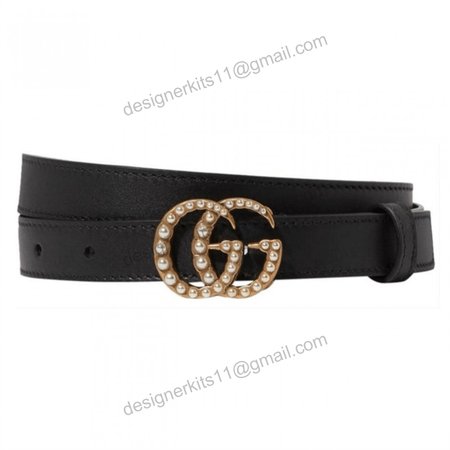 GUCCI BLACK FAUX PEARL-EMBELLISHED LEATHER BELT - B44